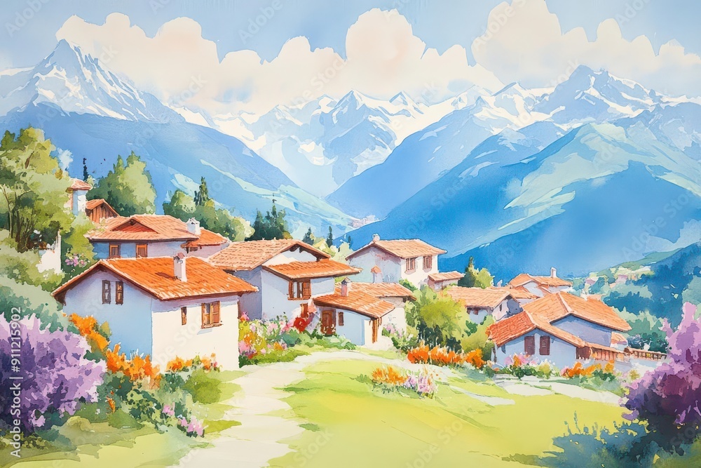 Mountain village, nestled in valley, serene beauty, watercolor style Mountain village, nestled in valley, serene beauty, watercolor style