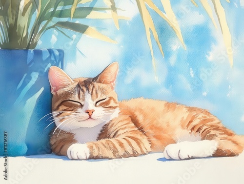 Watercolor illustration of a contented cat basking in sunlight beside a blue pot, creating a serene and cozy scene.