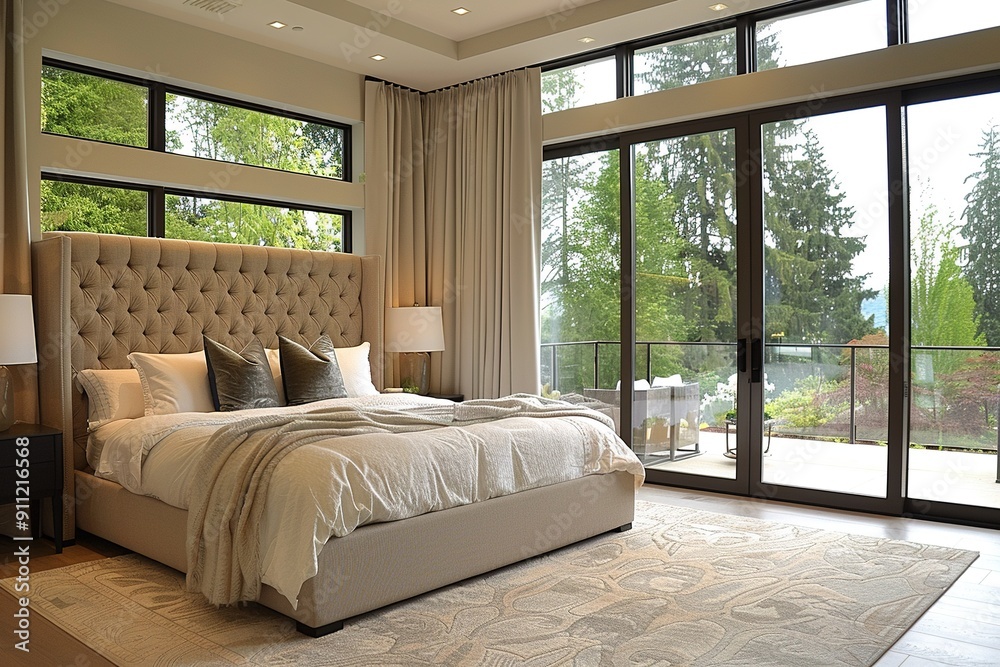 A large bed with a white comforter and pillows is in a bedroom with a view of a forest A large bed with a white comforter and pillows is in a bedroom with a view of a forest
