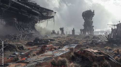 Post-Apocalyptic Wasteland Battleground with Ruins and Debris as Rival Factions Engage in Intense Combat