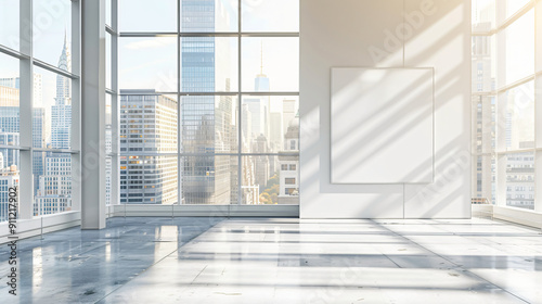 Sun shining through the windows of an empty modern office overlooking new york city