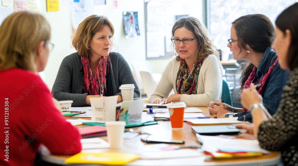 A group of educators gathered around a table in a brightly lit staff room, engaged in a lively discussion and sharing ideas, with coffee cups and notebooks scattered around, reflecting the A group of educators gathered around a table in a brightly lit staff room, engaged in a lively discussion and sharing ideas, with coffee cups and notebooks scattered around, reflecting the