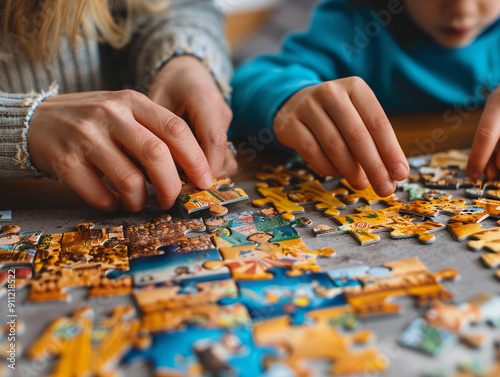 Families Enjoy Quality Time Together While Assembling a Colorful Jigsaw Puzzle at Home in the Evening