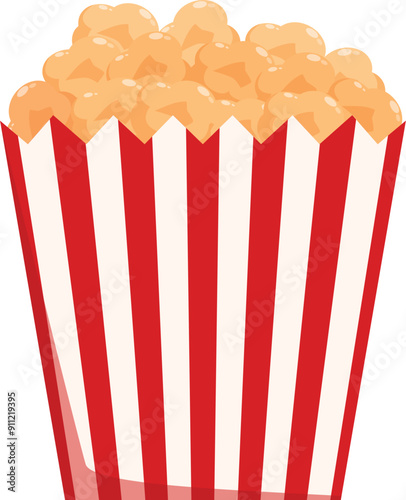 Classic red and white striped popcorn bucket overflowing with delicious and buttery popcorn