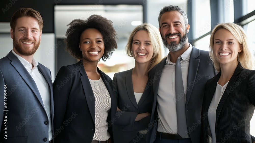 A group of five business professionals poses happily in a well-lit office, showcasing teamwork and camaraderie. A group of five business professionals poses happily in a well-lit office, showcasing teamwork and camaraderie.