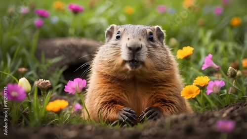 Cute Smiling Groundhog Adorably Comes Out of Burrow On Groundhog Day, surrounded by lush grass and spring flowers.