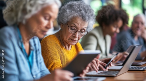 Wallpaper Mural A group of seniors attentively following a technology class in a community center, using tablets and laptops, the instructor guiding them through the lesson, highlighting the importance of digital Torontodigital.ca