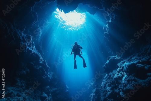 Scuba diver explores deep underwater cave illuminated by rays of sunlight showcasing beauty and mystery of ocean representing adventure and allure of underwater world photo