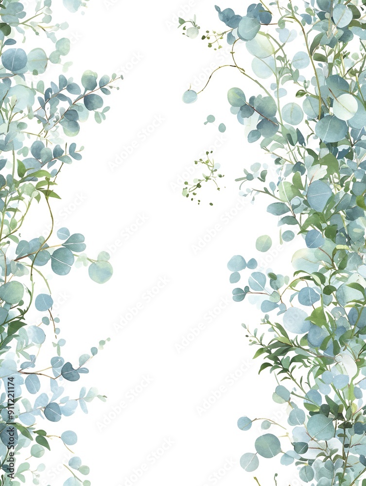 Eucalyptus leaves in blue tones with a watercolor center on a white background seamless pattern Eucalyptus leaves in blue tones with a watercolor center on a white background seamless pattern