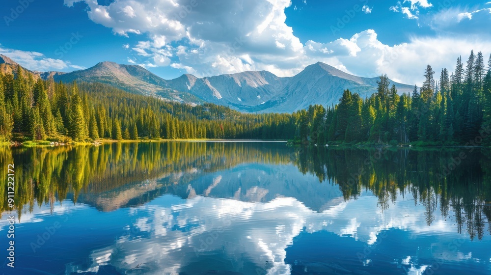 A scenic landscape background with a breathtaking view of a mountain lake surrounded by pine forests, with reflections of the mountains and sky creating a mirror-like effect on the water's surface