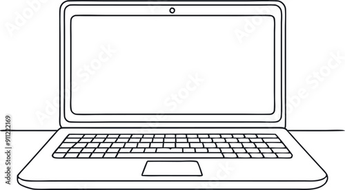 A laptop is open on a table. The screen is black and the keyboard is white. The laptop is a modern design and is likely used for work or entertainment