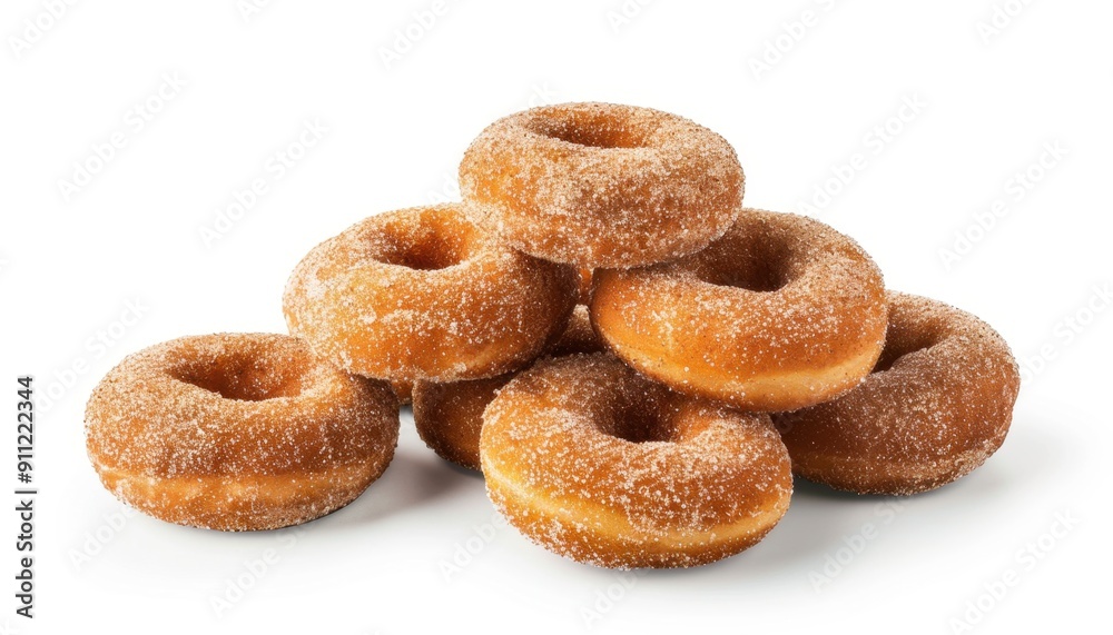 Freshly Baked Sugared Donuts Stacked on a White Surface in a Cozy Bakery Setting Freshly Baked Sugared Donuts Stacked on a White Surface in a Cozy Bakery Setting