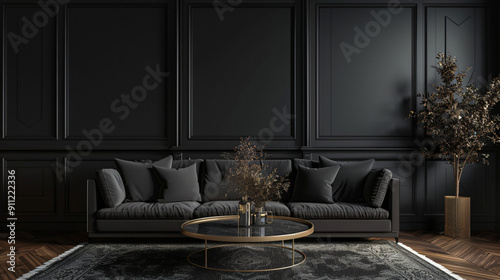 Luxurious living room with a black sofa and elegant decorations, creating a sophisticated and modern ambiance