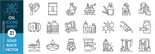A set of line icons related to Oil. Edibles, refined, industry hydrocarbon, coconut, olive, lamp, fish, pipeline, tank and so on. Vector outline icons set.