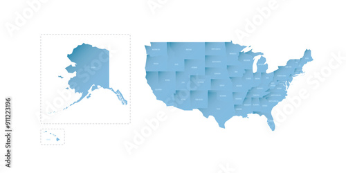 United States of America political map of administrative divisions - states and federal district Washington, D.C. Shaded vector map with 3D-like blue gradient and name labels