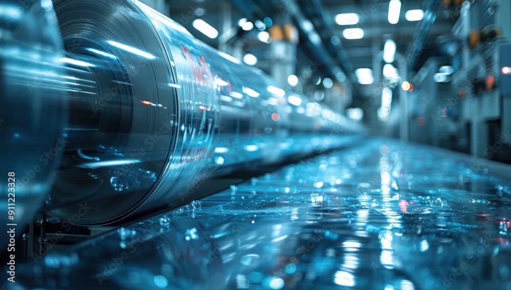 Close-up of an industrial production line with rollers and machinery in motion. Close-up of an industrial production line with rollers and machinery in motion.