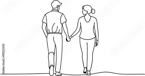 A man and woman are holding hands while walking down a street. The man is wearing a hat and the woman is wearing a shirt. The scene is simple and peaceful