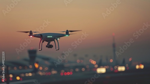 Drone Flying Over Airport at Sunset