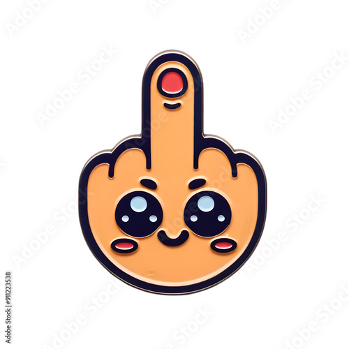 Playful enamel pin of a middle finger emoji with a kawaii face, vibrant peach and pink colors, glossy finish, minimal shadows, perfect for adding humor to accessories, isolated on transparent PNG