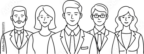 A group of people are standing in a line, all wearing suits. Concept of professionalism and formality