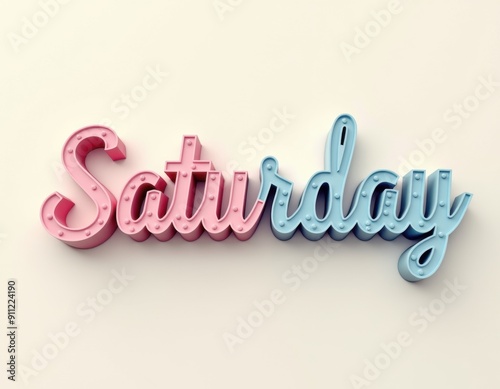 Retro 3D typography of the word 'Saturday' in pink and blue colors.