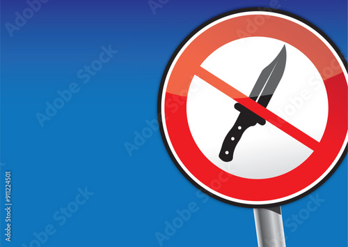 Messer mitführen verboten - Schild mit durchgestrichenem Messer vor blauem Hintergrund