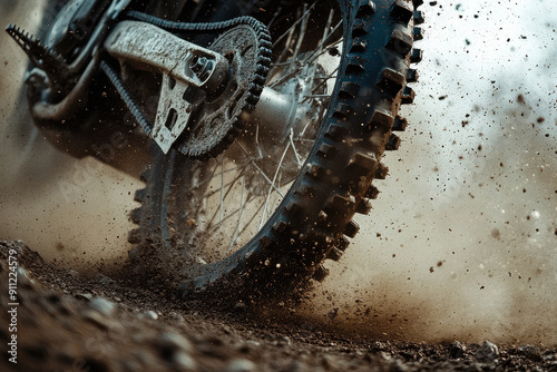 A close-up action shot of a dirt bike tire as it tears through a rugged trail, sending dirt and dust flying, conveying speed and excitement in the great outdoors.