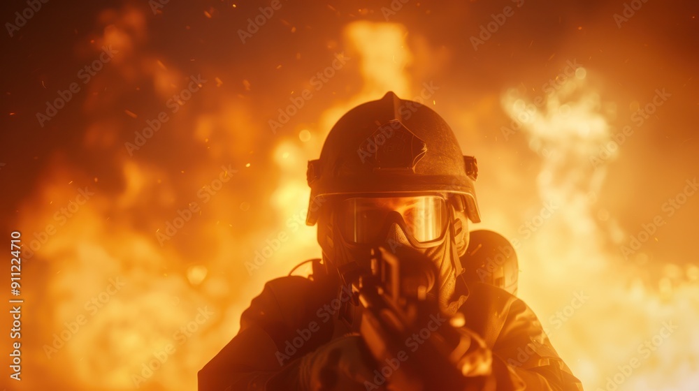 A firefighter, using a thermal imaging camera to locate hot spots in a burning building