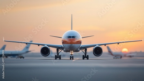 Dawn at a domestic airport, planes preparing for early morning departures, peaceful yet busy scene