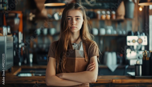 Young Barista Standing Confidently With Arms Crossed in Cozy Coffee Shop During Afternoon Hours