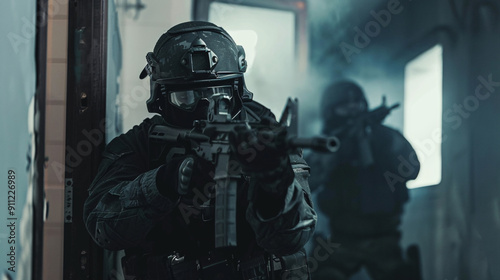 SWAT Team Member Breaching Door with Weapon Raised in Tense Urban Environment