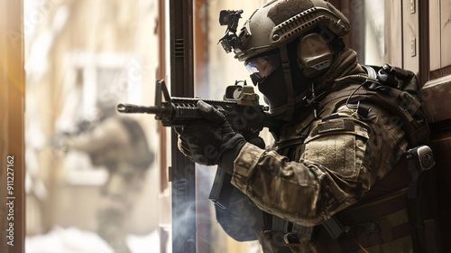 SWAT Team Member Breaching Door with Weapon Raised in Tense Urban Environment