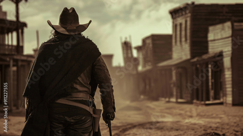 Western Marshal walking Through Ghost Town with Tumbleweeds and Whispering Wind