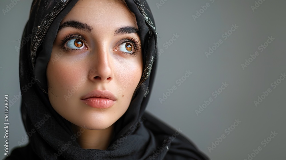 Hijab woman with amusing facial expression, eye look up, isolated background Hijab woman with amusing facial expression, eye look up, isolated background
