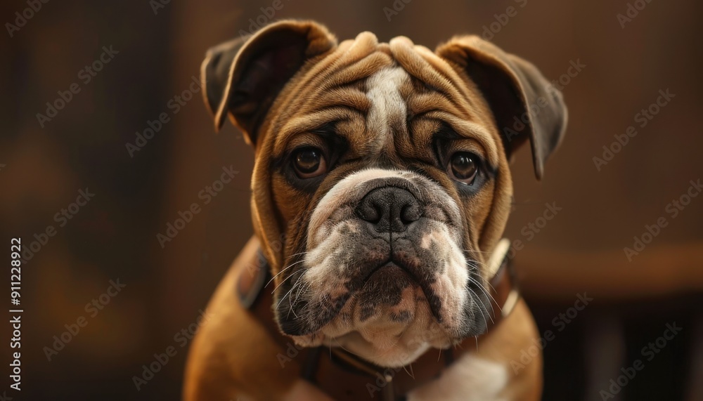 Playful Bulldog Sitting Comfortably in a Cozy Indoor Space During Afternoon Light Playful Bulldog Sitting Comfortably in a Cozy Indoor Space During Afternoon Light
