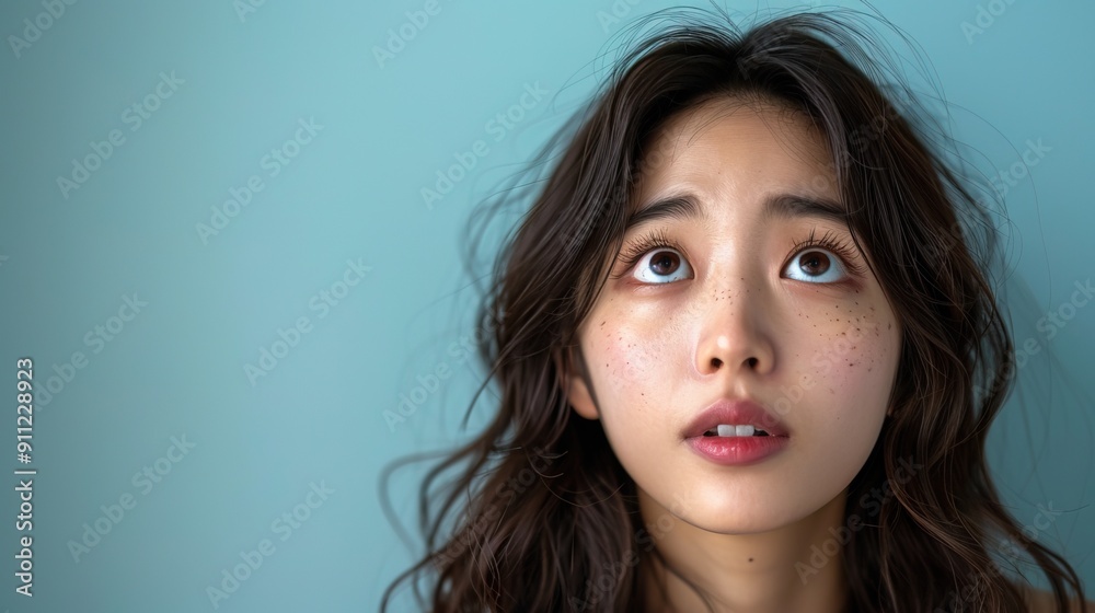 Korean woman with amusing facial expression, eye look up, isolated background Korean woman with amusing facial expression, eye look up, isolated background