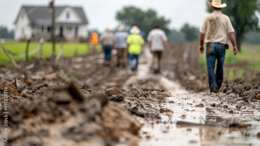 A group of farmers assessing damage after a flood, with debris scattered around