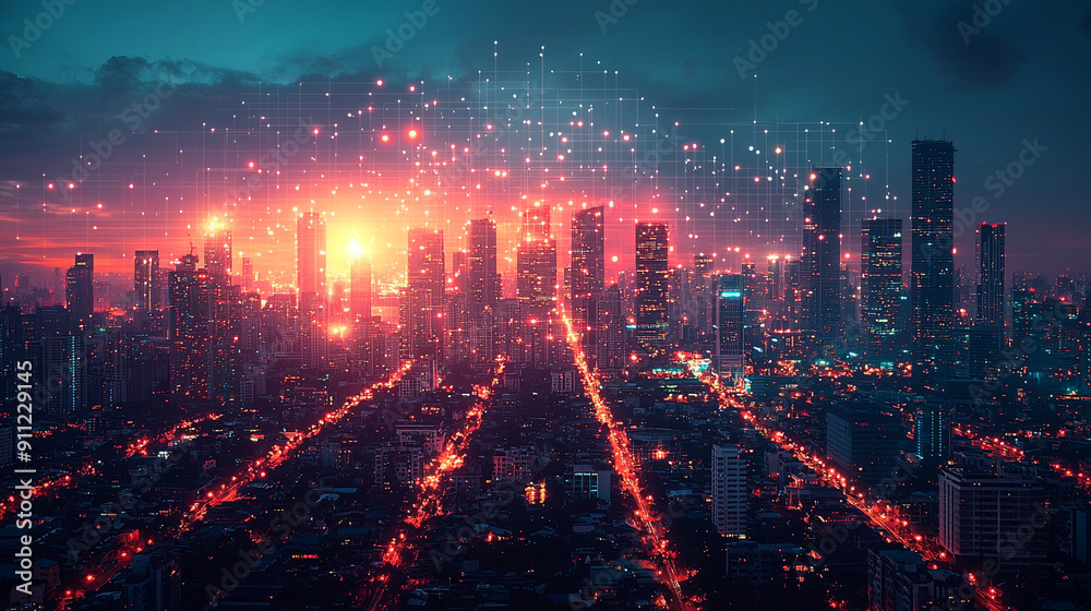 Fototapeta premium Neon Cityscape, vibrant urban skyline illuminated by sunset hues, digital overlays creating an impression of futuristic connectivity amidst bustling streets.