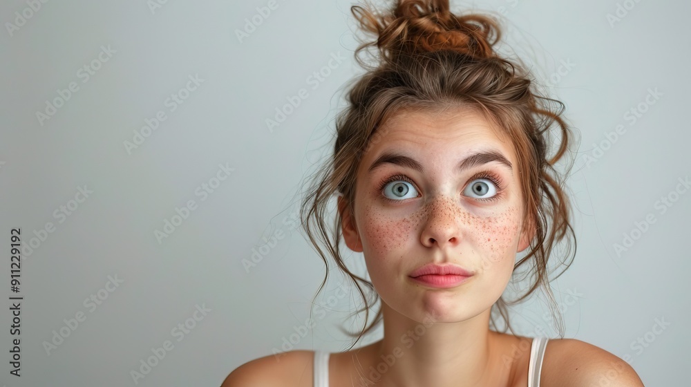 White woman with amusing facial expression, eye look up, isolated background White woman with amusing facial expression, eye look up, isolated background