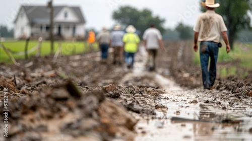 Obraz na płótnie A group of farmers assessing damage after a flood, with debris scattered around w salonie