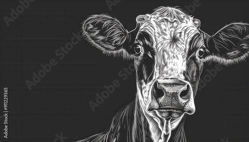 A Detailed Illustration of a Cow's Head in Black and White on a Dark Background photo