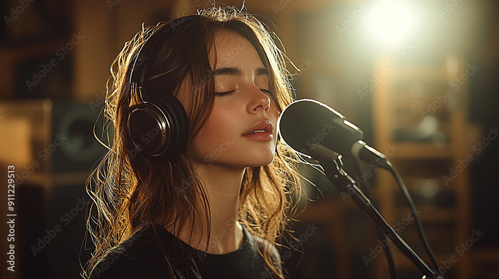 © ontsunan - Captivated by Sound, a young woman immersed in music, wearing headphones, lost in emotion while singing into a microphone in a cozy recording studio setting.
