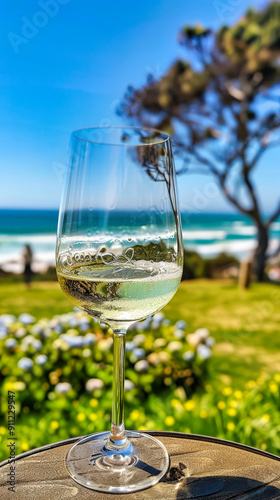 A Serene Glass of White Wine Reflecting Coastal Views Amidst Lush Grapevines on a Bright Sunny Day photo