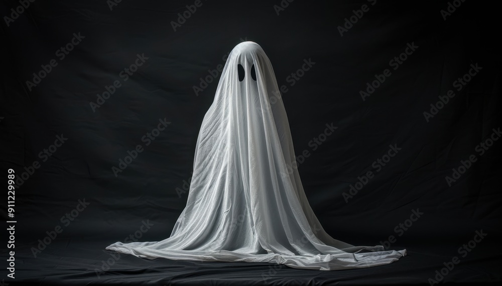 A Mysterious Figure Dressed in White Fabric Surrounded by Darkness at Night A Mysterious Figure Dressed in White Fabric Surrounded by Darkness at Night