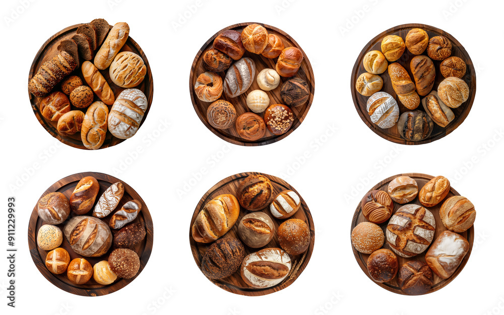 Collection of an assortment of freshly baked bread on a round wooden plate isolated on a transparent background, top view, cut out, PNG Collection of an assortment of freshly baked bread on a round wooden plate isolated on a transparent background, top view, cut out, PNG