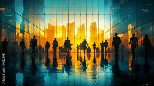 Urban silhouettes at sunset, professionals walk through a modern glass building, vibrant reflections illuminate the scene, capturing the dynamic energy of city life. photo