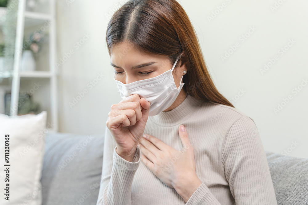 Female unhealthy Sickness, asian young woman, girl unwell and coughing, have cold, sore throat isolated white background suffering with symptom cough feeling bad. Healthcare of Coronavirus, covid-19. Female unhealthy Sickness, asian young woman, girl unwell and coughing, have cold, sore throat isolated white background suffering with symptom cough feeling bad. Healthcare of Coronavirus, covid-19.