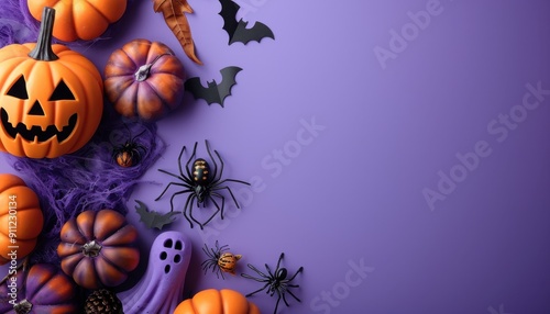 Colorful Halloween Decorations Featuring Pumpkins, Spiders, and Bats on Purple Background photo