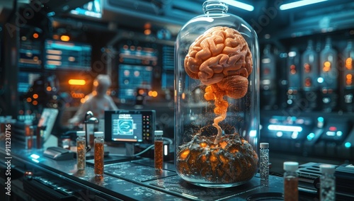 A glass jar containing a floating brain, inside a lab with medical equipment