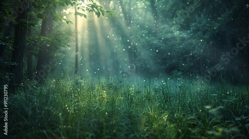 illustration in mystical style. lush grass deep in the forest, foggy morning beautiful morning sunlight